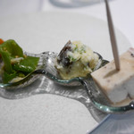 Vv.lab - 2018/7/22  手前から里芋のテリーヌ、ポテトサラダ、甘長唐辛子とシラスのソテー