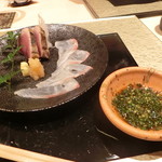 寿司と日本料理 銀座 一 - お造里　鯛薄造り戻り鰹叩赤おろし生姜ポン酢き浅月