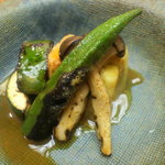 【夕食】焼き野菜　温泉卵の黄身ソースがけ