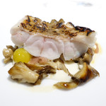 レフェルヴェソンス - ハタの炭火焼き、舞茸、銀杏、根セロリのピュレと焦がしたラルドのオイル