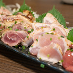 彩波 - 2018.10 鶏刺し四点盛り（1,980円）モモ肉たたき、ムネ肉たたき、ささ身たたき、白レバー