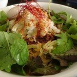 麺や 結 - カレー担々まぜそば（追い飯付）+大盛り…税込850円+100円=950円