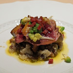 フォリオリーナ・デッラ・ポルタ・フォルトゥーナ - セコンド・ピアット　　フランス産青首鴨の胸肉、モモ肉、内臓、フォアグラ