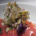 レフェルヴェソンス - 北海道十津川町のトマトのスープと蝦夷アワビ、セロリと花たちＵＰ3