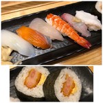 sushisakura - ＊海老・カンパチ・タコ・烏賊・サーモンなど。 お味は見た目通りです。極上にもサーモンが入っていますが、お値段の違いがタネの違いのようですね。 巻物は「海老カツ」、主人が食べました。