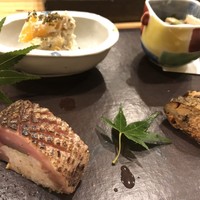 ご馳走 ね音 - 鯖寿司  柿白和え  きのこみぞれ煮  子持ち鮎有馬煮