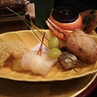 日本料理 大阪 浮橋(ホテルグランヴィア大阪) - ●●雅みやび 9000円 (税サ込)【①先付：鯖雲和え、②椀物：合鴨沢煮、③造り：三種盛り、④八寸：神無月の口取、⑤焼物：甘鯛香味味味、⑥煮物：かれい煮付け、⑦食事：鮭サラダ巻き、⑧止椀：合わせ味噌仕、⑨木の実：季節の木】 2018年10月
