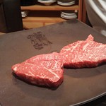鉄板焼　季流 - ●●ステーキランチ」4,800円 (税サ込)X2人前 (①ご挨拶の一皿、②本日のスープ、③肉：国内産牛ロース 110ｇ＋フィレ 110ｇ、④野菜焼き、⑤御飯⇒ガーリックライス 変更+750円 赤出汁 香物、⑥アイスクリーム＆シャーベット、⑦コーヒー) 2018年10月