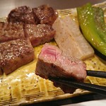 鉄板焼　季流 - ●●ステーキランチ」4,800円 (税サ込)X2人前 (①ご挨拶の一皿、②本日のスープ、③肉：国内産牛ロース 110ｇ＋フィレ 110ｇ、④野菜焼き、⑤御飯⇒ガーリックライス 変更+750円 赤出汁 香物、⑥アイスクリーム＆シャーベット、⑦コーヒー) 2018年10月