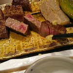 鉄板焼　季流 - ●●ステーキランチ」4,800円 (税サ込)X2人前 (①ご挨拶の一皿、②本日のスープ、③肉：国内産牛ロース 110ｇ＋フィレ 110ｇ、④野菜焼き、⑤御飯⇒ガーリックライス 変更+750円 赤出汁 香物、⑥アイスクリーム＆シャーベット、⑦コーヒー) 2018年10月