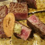 鉄板焼　季流 - ●●ステーキランチ」4,800円 (税サ込)X2人前 (①ご挨拶の一皿、②本日のスープ、③肉：国内産牛ロース 110ｇ＋フィレ 110ｇ、④野菜焼き、⑤御飯⇒ガーリックライス 変更+750円 赤出汁 香物、⑥アイスクリーム＆シャーベット、⑦コーヒー) 2018年10月