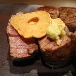 鉄板焼　季流 - ●●ステーキランチ」4,800円 (税サ込)X2人前 (①ご挨拶の一皿、②本日のスープ、③肉：国内産牛ロース 110ｇ＋フィレ 110ｇ、④野菜焼き、⑤御飯⇒ガーリックライス 変更+750円 赤出汁 香物、⑥アイスクリーム＆シャーベット、⑦コーヒー) 2018年10月