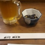 Ganso Yaki Tori Kushi Hacchin - 生ビール、お通し