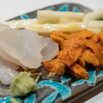 うを徳 - 2018.10 お造り（青森ヒラメ、根室バフンウニ、栃木独活酢味噌和え）