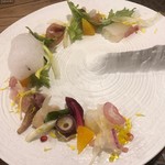 シクラメンテ - ヒラメ、カジキ、イカ、のど黒、甘海老、ホタテ、水蛸とシチリア野菜のマリネ