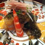 能登の天然車海老、帆立の金山寺味噌和え