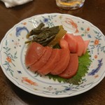 お食事処 夢とも - つけもの3種（野沢菜・赤かぶ辛・赤かぶ甘）　300円