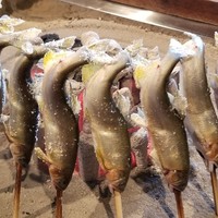 柳家 - (06)天然鮎(岩手県北上川産)の塩焼き
                産卵期8月～11月、寿命1年。
                魚の成長によって味わい方が変わり、稚魚から落ち鮎まで常に旬です。
                巨大な落ち鮎ですが、1時間掛けてじっくり焼いてあるそうです。