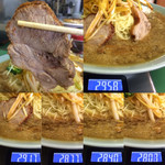 ラーメンショップ - 「ネギチャーシューメン」「特盛（3玉）」チャーシュー1枚当たり重量（実測値）1枚目 41g、2枚目 40g、3枚目 37g、4枚目 33g〔合計重量 151g〕