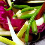 Colorful vegetables, whitebait and fresh onion bagya sauce