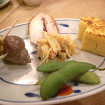 毛蟹、枝豆、玉子焼き、バイ貝