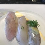 Sushikaisen Uotei - 深海系づくし５３０円。左から、ヒゲダラ、でんでん、メギスの三貫です。ヒゲダラは初めて食べましたが、噂通り？ 旨味が濃い白身でした（╹◡╹）。でんでん、すごく美味しかったです（╹◡╹）