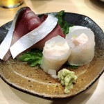 寿司大 - しめ鯖とカワハギ肝乗せの刺身