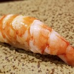 鮨匠 のむら - (20)車海老(鹿児島県坊津産)
      産卵期は初夏～初秋、旬は初夏～初秋。
      アツアツの茹で海老、車海老らしい濃厚な味を温かい茹で立てと温かいシャリで握って下さいます。