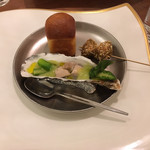 エスパイ クック コウベ - ●牡蠣アスパラのピュレ、アワビ串焼き肝ソースー