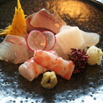 米倉 - お造り　車海老・ひらめとえんがわ・イナダ・鯛