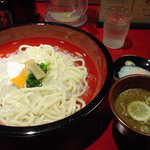 鴨錦 - うどん（冷）並み＋温泉卵