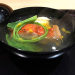 悠々 - お通し3品目 金目鯛炭火焼きと自家製豆富の椀物('18.11月上旬)