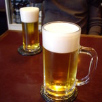 澤田家 - とりあえず生ビール；手前が大（700円）、向こうが小（600円）