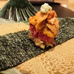 おにく 花柳 - ヒレ＆サーロインの雲丹手巻き寿司