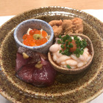 鮨 福原 - たらこの煮付け  白子ポン酢
      鰤の漬け  湯葉イクラ