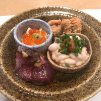 鮨 福原 - たらこの煮付け  白子ポン酢
                    鰤の漬け  湯葉イクラ