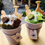 言の葉 - ほうじ茶デコレーションラテと
抹茶デコレーションラテ☆