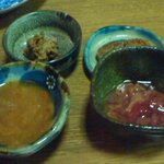 季節料理　もりべ - 珍味４種（うるか・ふぐの卵巣・このわた・ホヤの塩辛）