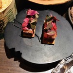 sincere - アミューズ5品盛り：鹿のパテドカンパーニュ、河豚の黒米まぶし サフランマヨネーズ、モンドールとチョリソーのグジェール、 栗と焦がしバター スコッチウイスキーのムースのスティック詰め、サーモンとクリームチーズのグレープフルーツのジュレ詰め3