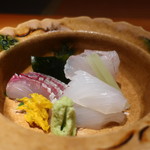 日本料理 幸庵 - 勘八、スミイカ、平目の刺身アップ