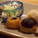 野嵯和 - 八寸（湯葉、麩の田楽、あけがらしの入った鮃鮨、さつま芋ペーストと巨峰他）