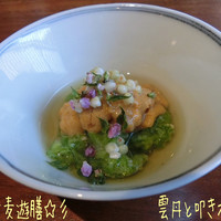 蕎味 櫂 - 昼の蕎麦遊膳(4000円)、会席料理とは書いてないのだけどそんな順番で出てきた☆彡
                  最初は雲丹と叩きオクラ、蕎麦の実を添えて♪ オクラは細かく叩かれてネバネバ！雲丹と相性良いね☆彡