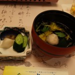 としまや 月浜の湯 - 香の物 吸い物 千菊と蟹のつみれ