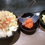 名代お好み焼太閤 - 「扇町もんじゃ」具は明太子とチーズにおもち、ソース風味のベース。和と洋がマッチ。