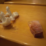 小判寿司 - 烏賊のとんびと鯨ベーコン。
