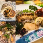 三喜寿司 - 左上サザエのつぼ焼き、左下アサリの酒蒸し、右アワビの刺身