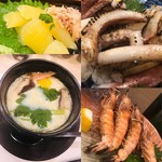 三喜寿司 - 左上数の子、左下茶碗蒸し、右上ゲソ焼き、右下海老の塩焼き