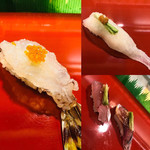 三喜寿司 - にぎり（左車海老、右上ふく、右下アジ）