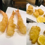 三喜寿司 - 天ぷら（左車海老、右上白子、右下白身）