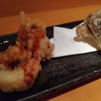 石塀小路豆ちゃ 京都 - 揚げ物二種は、ハモと舞茸
